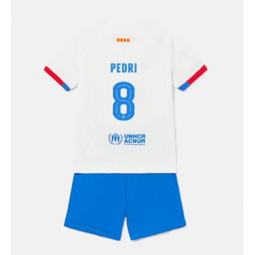 Fotballdrakt Barn Barcelona Pedri Gonzalez #8 Bortedraktsett 2023-24 Kortermet (+ Korte bukser)